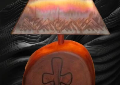 mesquite lamp with hand carved cross filled with epoxy